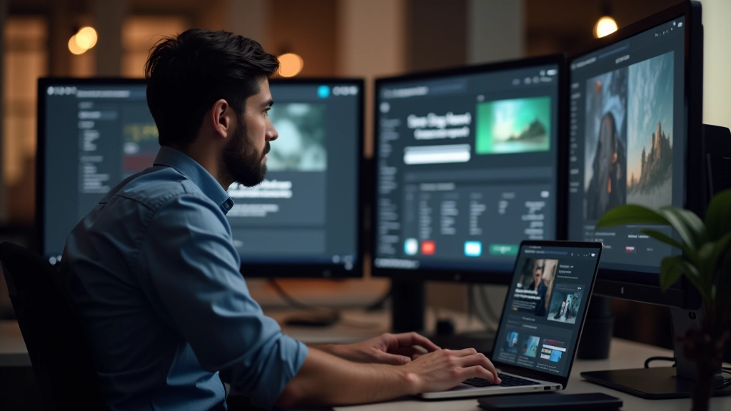 Webdesigner arbeitet an Video-Overlay-Texten auf Monitor mit verschiedenen Kontrast-Techniken