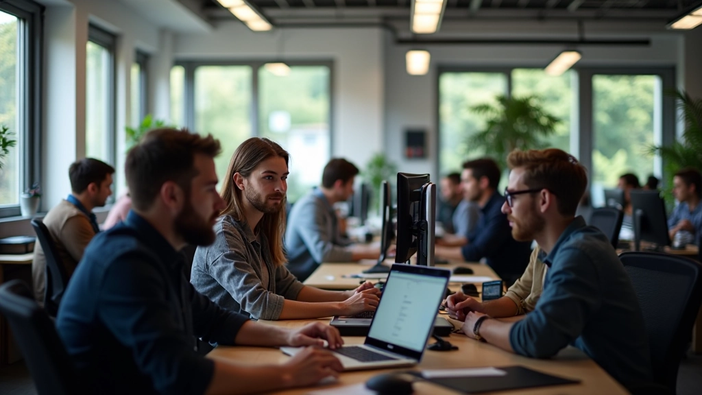 Team arbeitet zusammen in modernem Büro an Videoprojekten