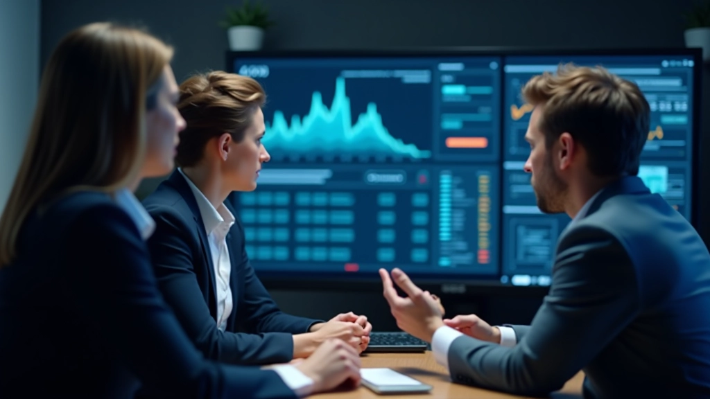 Technisches Team analysiert Performance-Metriken auf großem Monitor mit Datenvisualisierungen