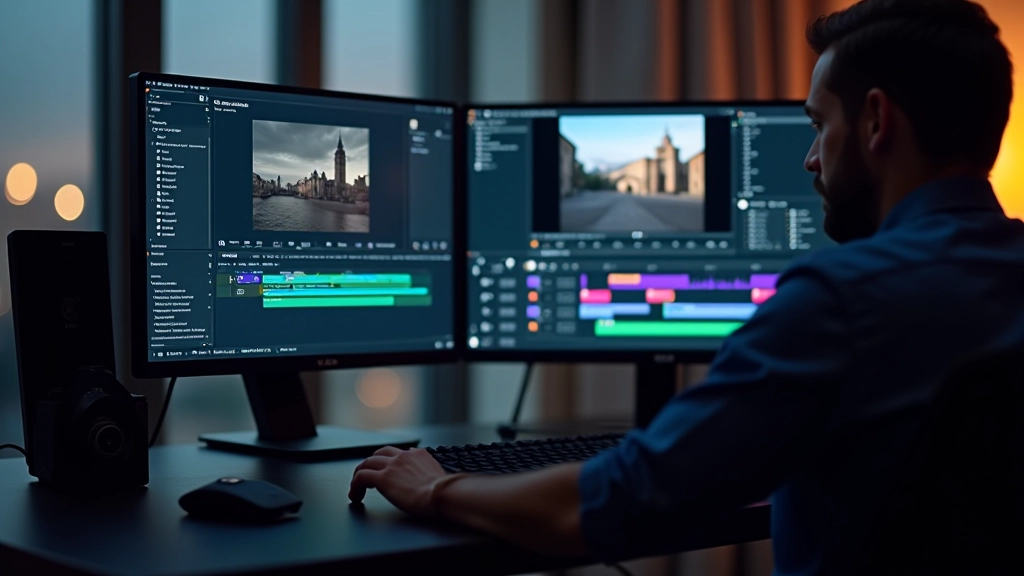 Professioneller Arbeitsplatz mit Videobearbeitungssoftware auf Monitor und Notizbuch